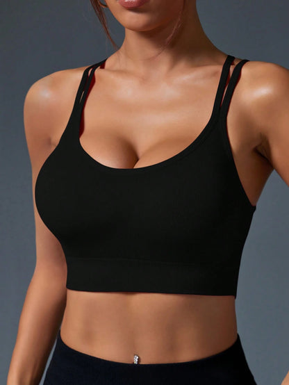 Rhythm Era 1pc Women Plus Size Seamless Criss-Cross Back Sports Camisole,Black Summer Athletic Curve Gym Workout Tops With Built In Bra,Backless Yoga Top