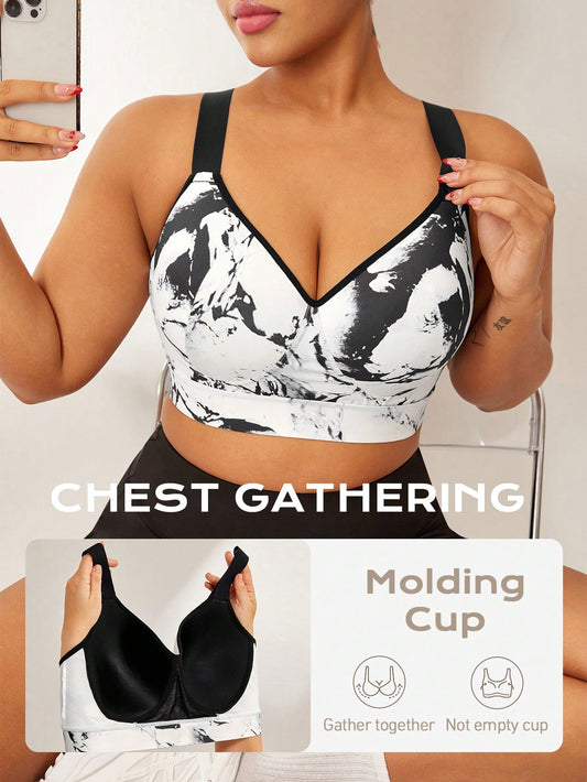 Rhythm Era Plus Size Sports Bra With Removable Padding, Adjustable Straps, High Impact Support, Ink Print Design Gym Sports White Summer