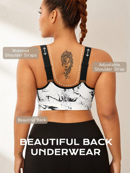 Rhythm Era Plus Size Sports Bra With Removable Padding, Adjustable Straps, High Impact Support, Ink Print Design Gym Sports White Summer