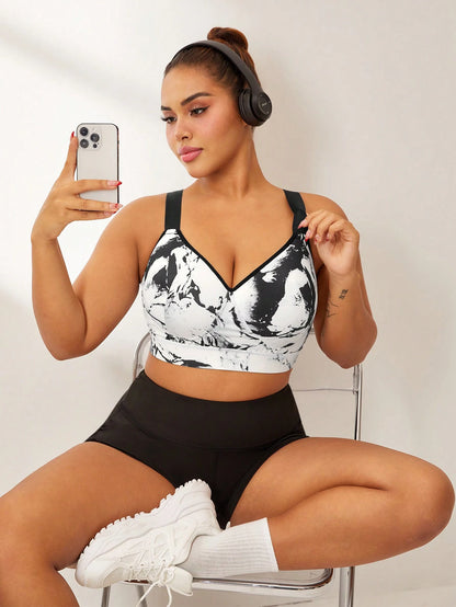 Rhythm Era Plus Size Sports Bra With Removable Padding, Adjustable Straps, High Impact Support, Ink Print Design Gym Sports White Summer