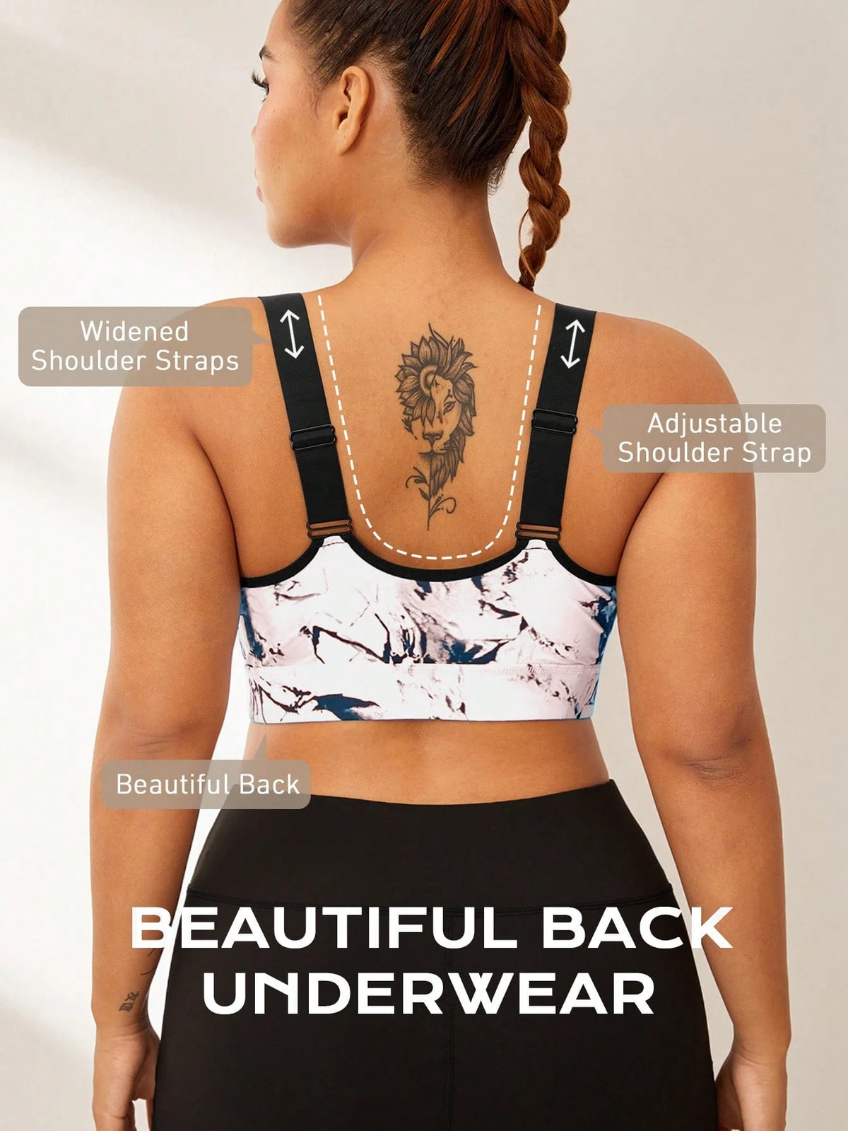 Rhythm Era Plus Size Sports Bra With Removable Padding, Adjustable Straps, High Impact Support, Ink Print Design Gym Sports White Summer