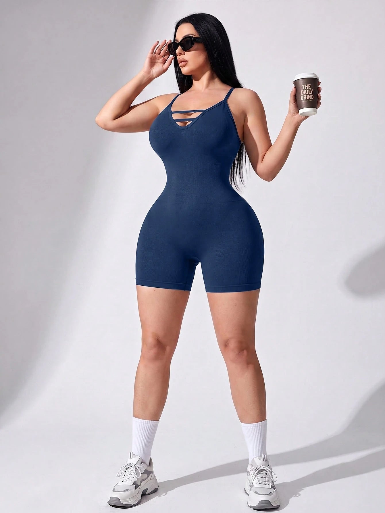 Rhythm Era Plus Size Women Solid Color Criss Cross Back Strap Sports Romper