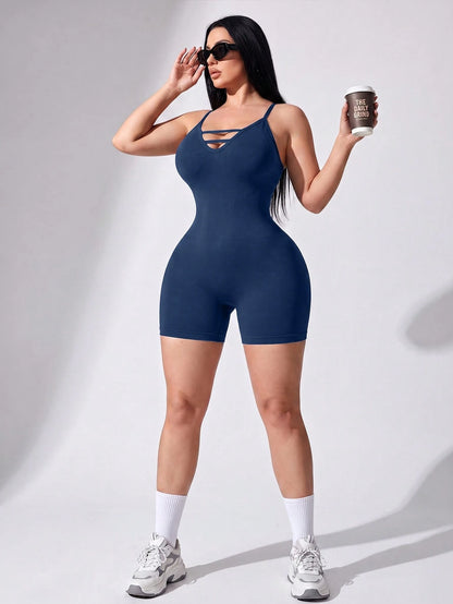 Rhythm Era Plus Size Women Solid Color Criss Cross Back Strap Sports Romper