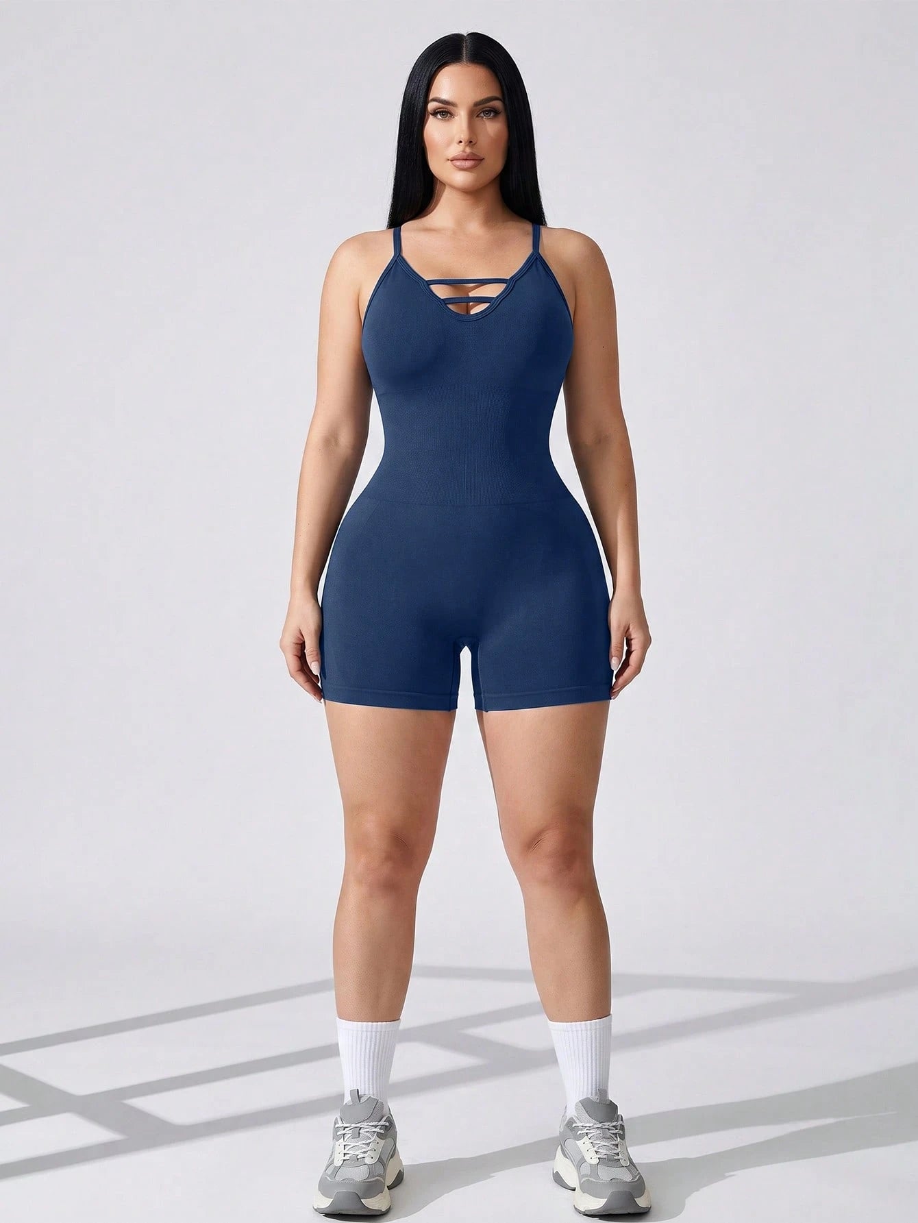 Rhythm Era Plus Size Women Solid Color Criss Cross Back Strap Sports Romper