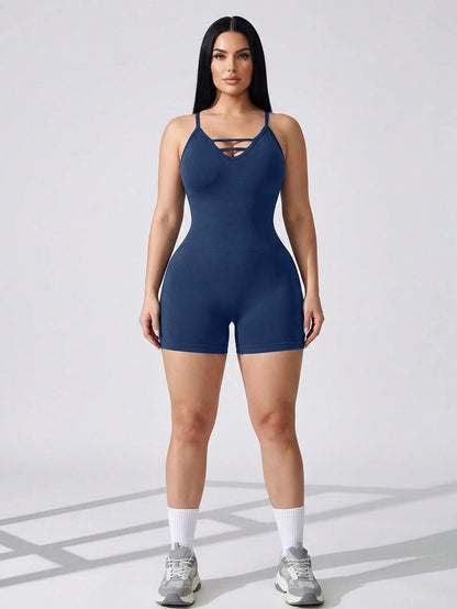 Rhythm Era Plus Size Women Solid Color Criss Cross Back Strap Sports Romper