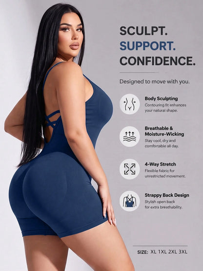 Rhythm Era Plus Size Women Solid Color Criss Cross Back Strap Sports Romper