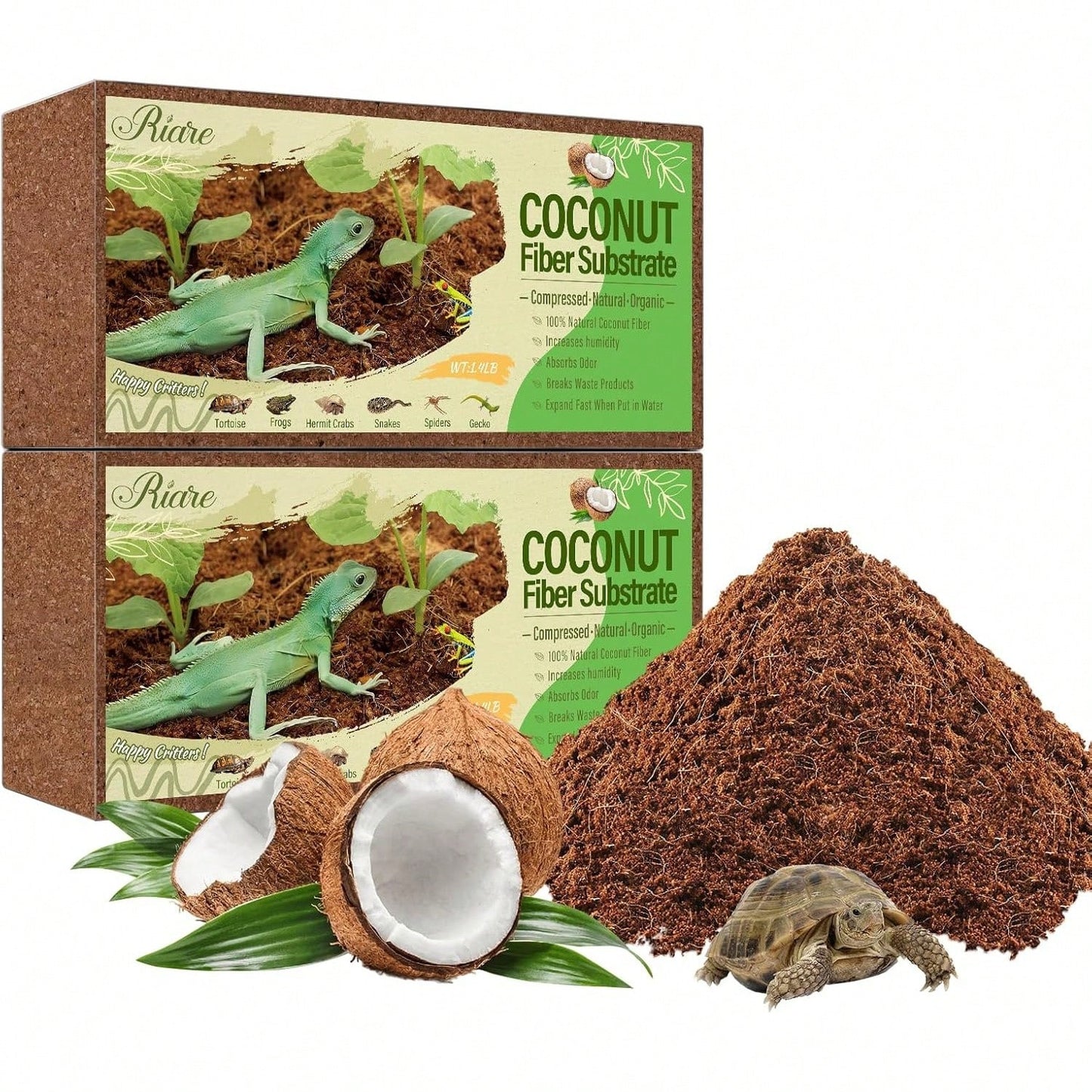 Riare 2 Pack Natural Coconut Fiber Substrate For Reptile- Premium Compressed Coconut Husk Terrarium Bedding For Reptile, Tortoise, Frogs, Snakes Hermit Crabs, Burrowing Animals