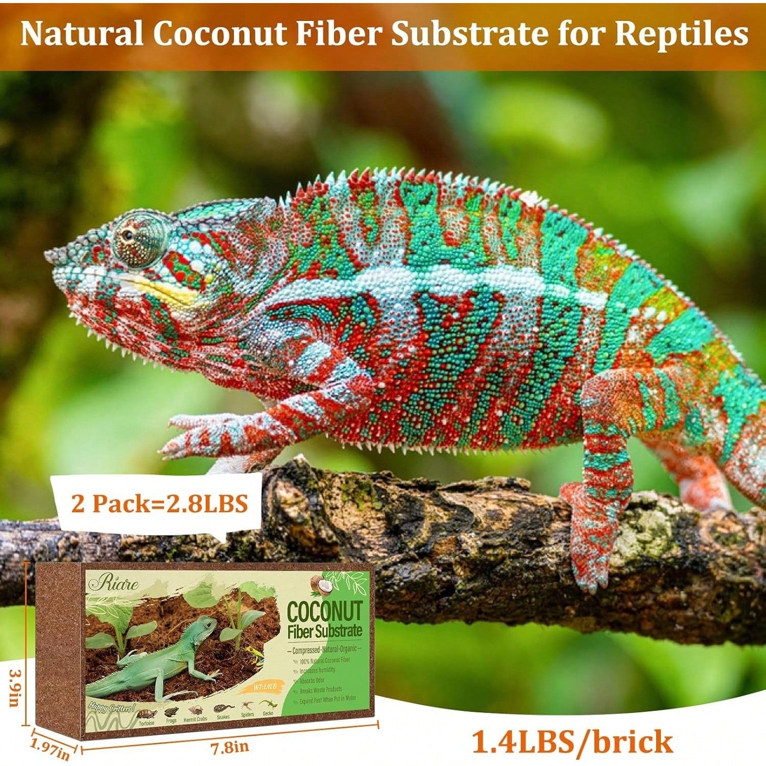 Riare 2 Pack Natural Coconut Fiber Substrate For Reptile- Premium Compressed Coconut Husk Terrarium Bedding For Reptile, Tortoise, Frogs, Snakes Hermit Crabs, Burrowing Animals