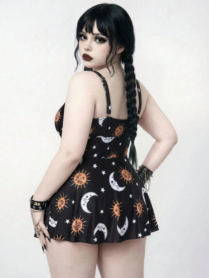 ROMWE 2026 New Plus Size Women's Sun Face Print Swimdress, Summer Beach Pool Party Vacation Outfit Black Goth