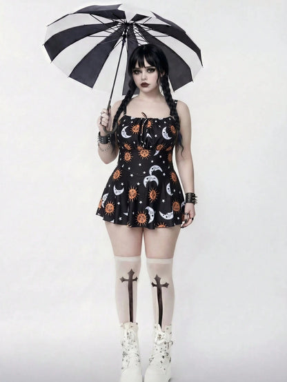 ROMWE 2026 New Plus Size Women's Sun Face Print Swimdress, Summer Beach Pool Party Vacation Outfit Black Goth