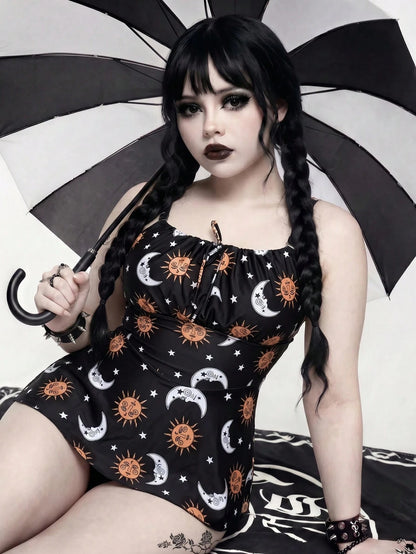 ROMWE 2026 New Plus Size Women's Sun Face Print Swimdress, Summer Beach Pool Party Vacation Outfit Black Goth
