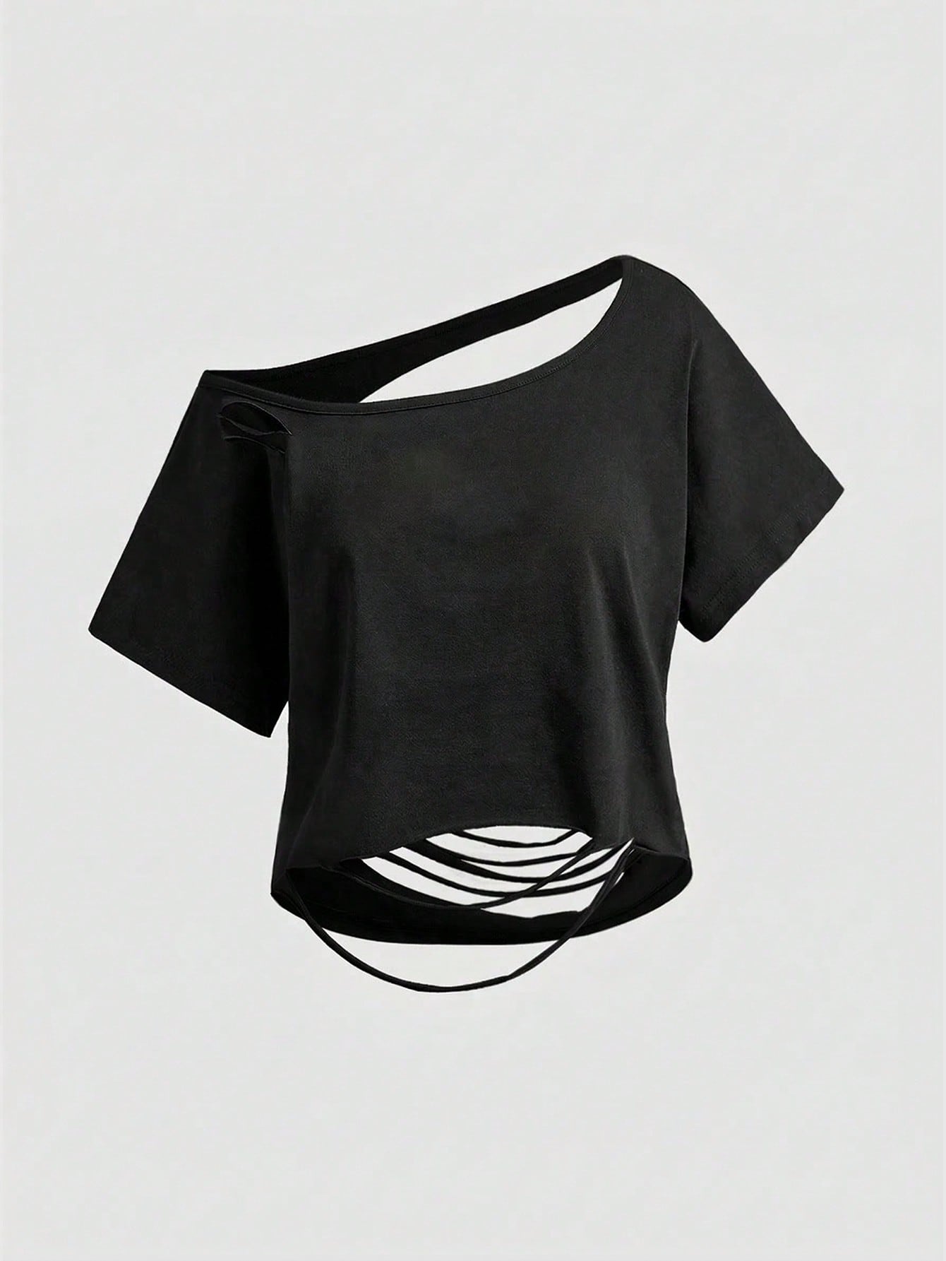 ROMWE Asymmetric Shoulder Ripped Open Back Loose Cropped T-Shirt