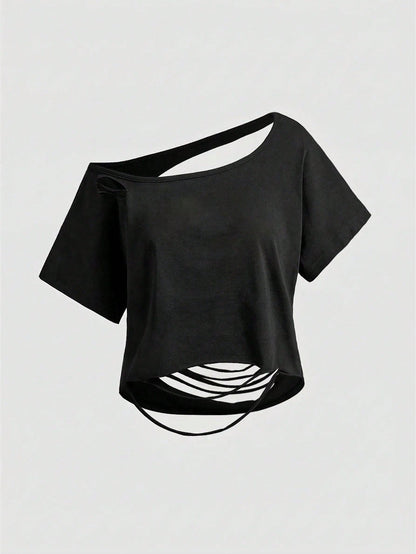ROMWE Asymmetric Shoulder Ripped Open Back Loose Cropped T-Shirt