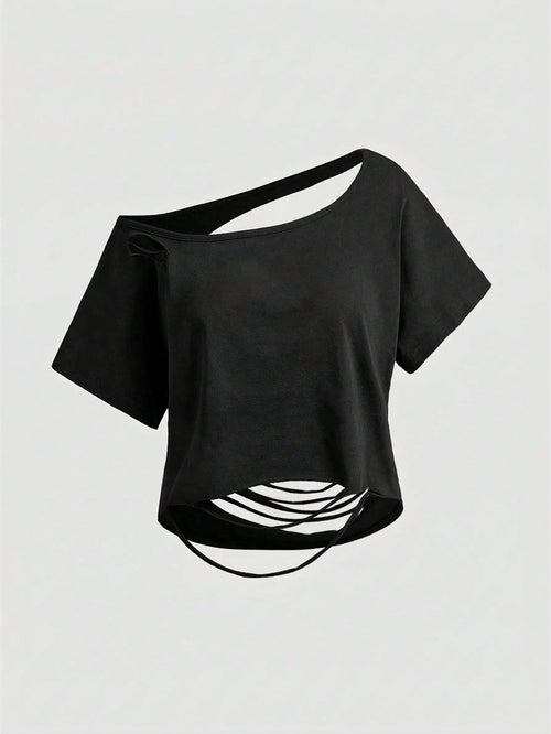 ROMWE Asymmetric Shoulder Ripped Open Back Loose Cropped T-Shirt