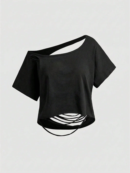 ROMWE Asymmetric Shoulder Ripped Open Back Loose Cropped T-Shirt