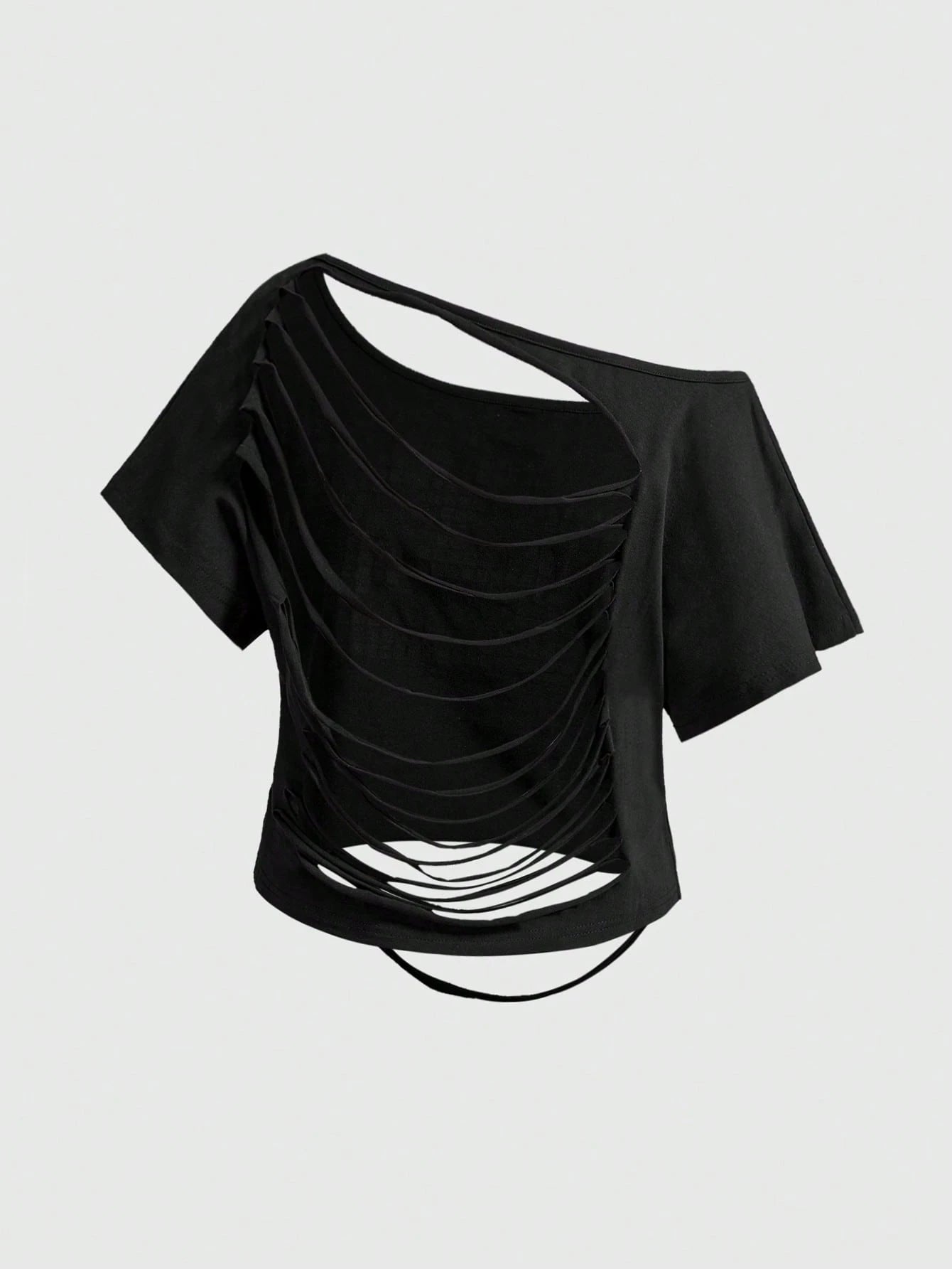 ROMWE Asymmetric Shoulder Ripped Open Back Loose Cropped T-Shirt
