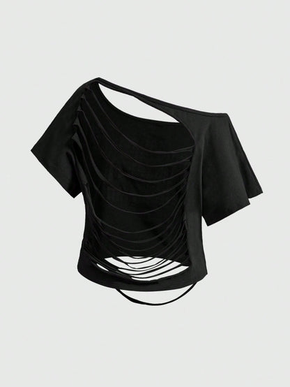 ROMWE Asymmetric Shoulder Ripped Open Back Loose Cropped T-Shirt