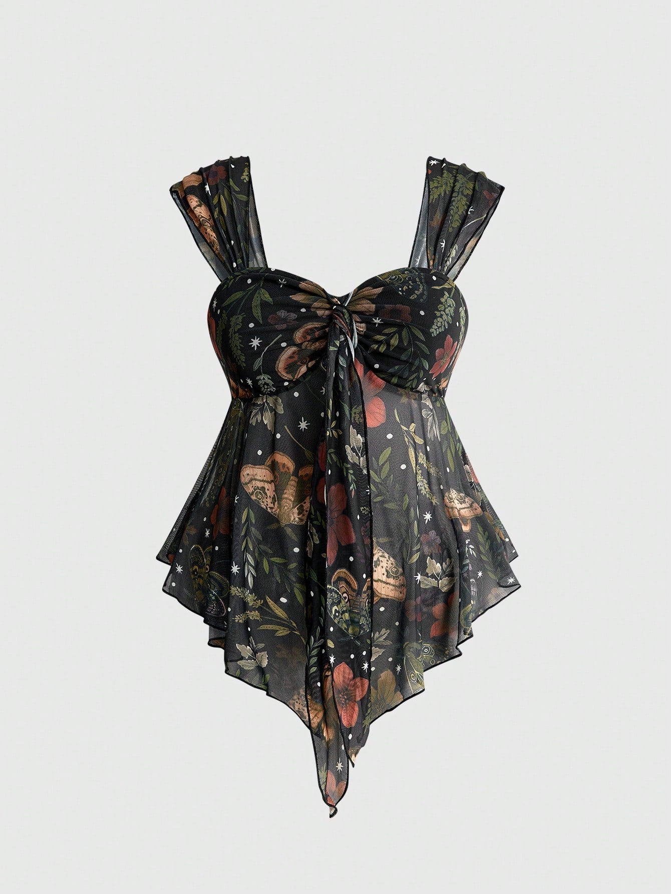 ROMWE Avant Y2K Wild Hippie Leopard Print Paisley Pattern Mesh Loose Hem Square Neck Top