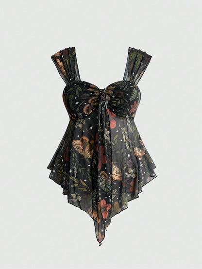 ROMWE Avant Y2K Wild Hippie Leopard Print Paisley Pattern Mesh Loose Hem Square Neck Top