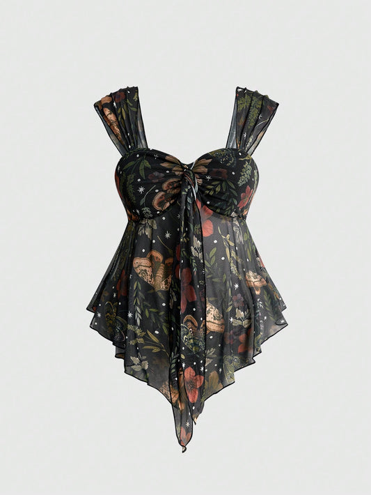 ROMWE Avant Y2K Wild Hippie Leopard Print Paisley Pattern Mesh Loose Hem Square Neck Top