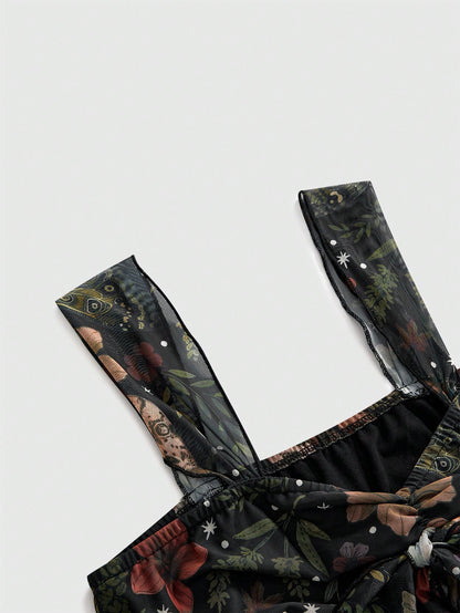 ROMWE Avant Y2K Wild Hippie Leopard Print Paisley Pattern Mesh Loose Hem Square Neck Top