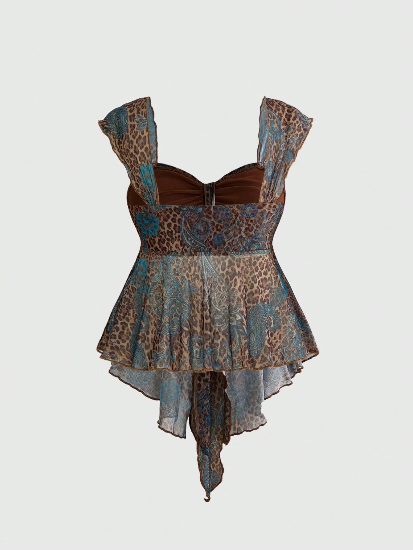 ROMWE Avant Y2K Wild Hippie Leopard Print Paisley Pattern Mesh Loose Hem Square Neck Top