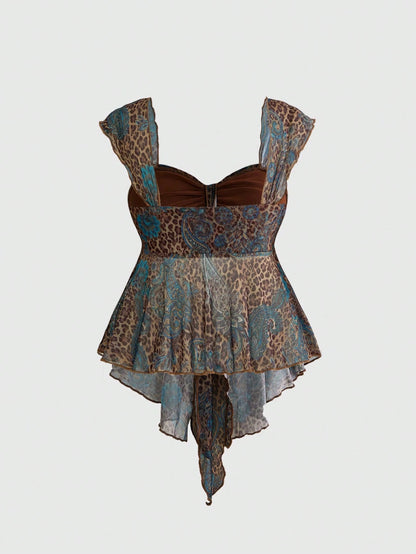 ROMWE Avant Y2K Wild Hippie Leopard Print Paisley Pattern Mesh Loose Hem Square Neck Top
