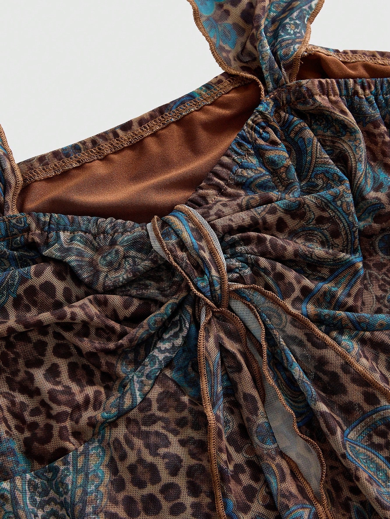 ROMWE Avant Y2K Wild Hippie Leopard Print Paisley Pattern Mesh Loose Hem Square Neck Top