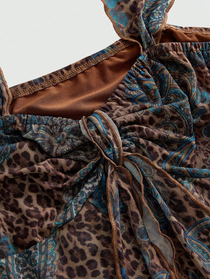 ROMWE Avant Y2K Wild Hippie Leopard Print Paisley Pattern Mesh Loose Hem Square Neck Top