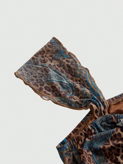 ROMWE Avant Y2K Wild Hippie Leopard Print Paisley Pattern Mesh Loose Hem Square Neck Top