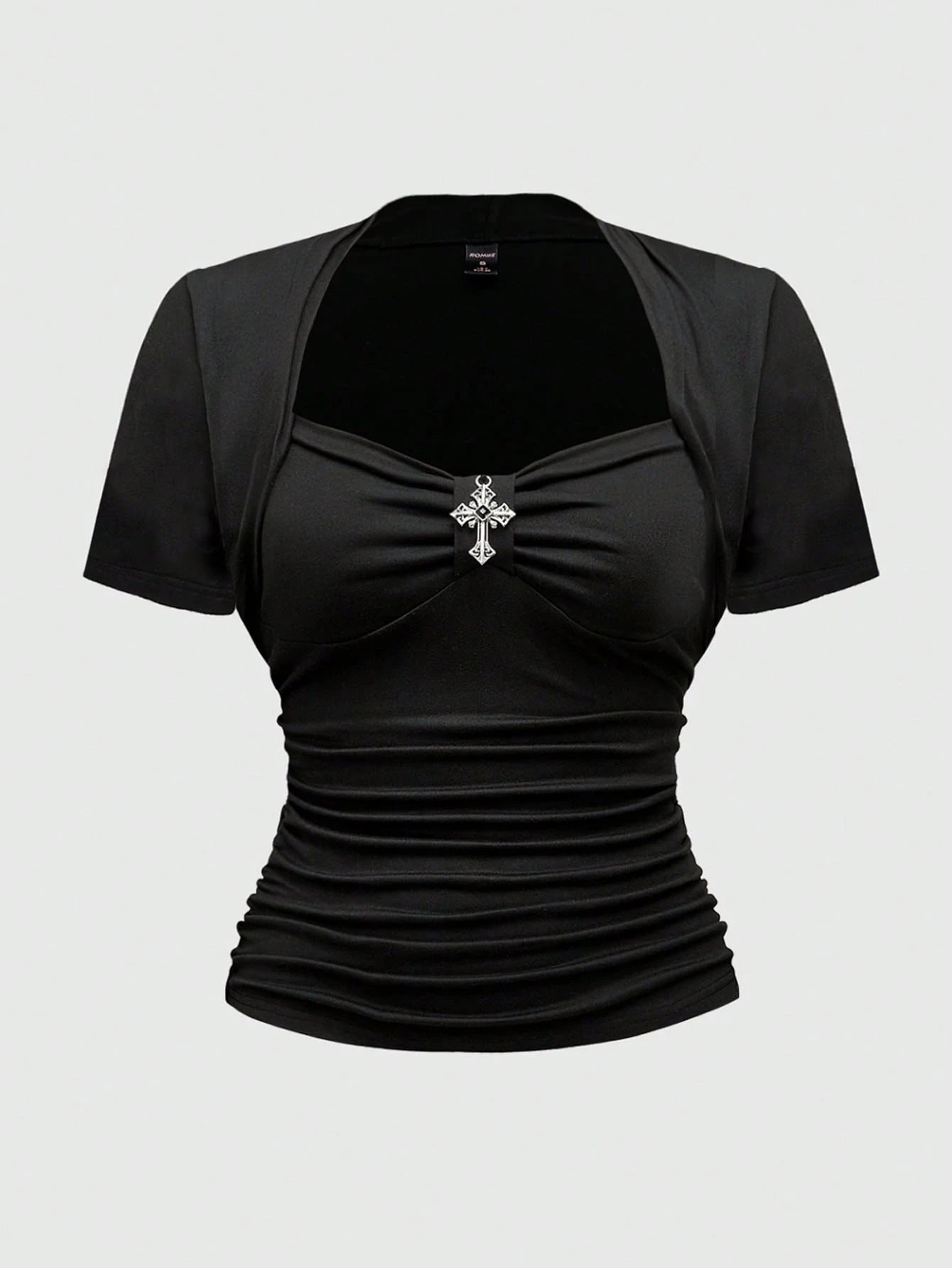 ROMWE Goth Sexy Square Neck Casual Versatile Black Elastic Cross Pendant 2 In 1 Plus Size T-Shirt