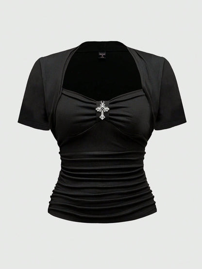 ROMWE Goth Sexy Square Neck Casual Versatile Black Elastic Cross Pendant 2 In 1 Plus Size T-Shirt