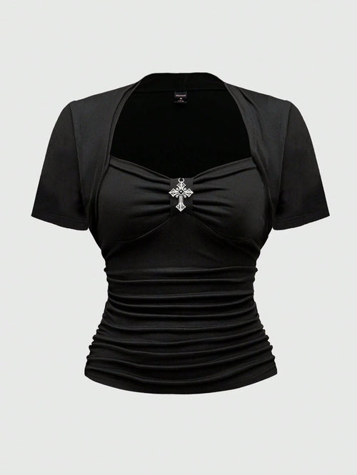 ROMWE Goth Sexy Square Neck Casual Versatile Black Elastic Cross Pendant 2 In 1 Plus Size T-Shirt