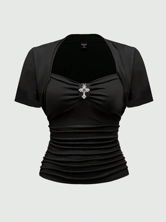 ROMWE Goth Sexy Square Neck Casual Versatile Black Elastic Cross Pendant 2 In 1 Plus Size T-Shirt