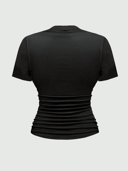 ROMWE Goth Sexy Square Neck Casual Versatile Black Elastic Cross Pendant 2 In 1 Plus Size T-Shirt