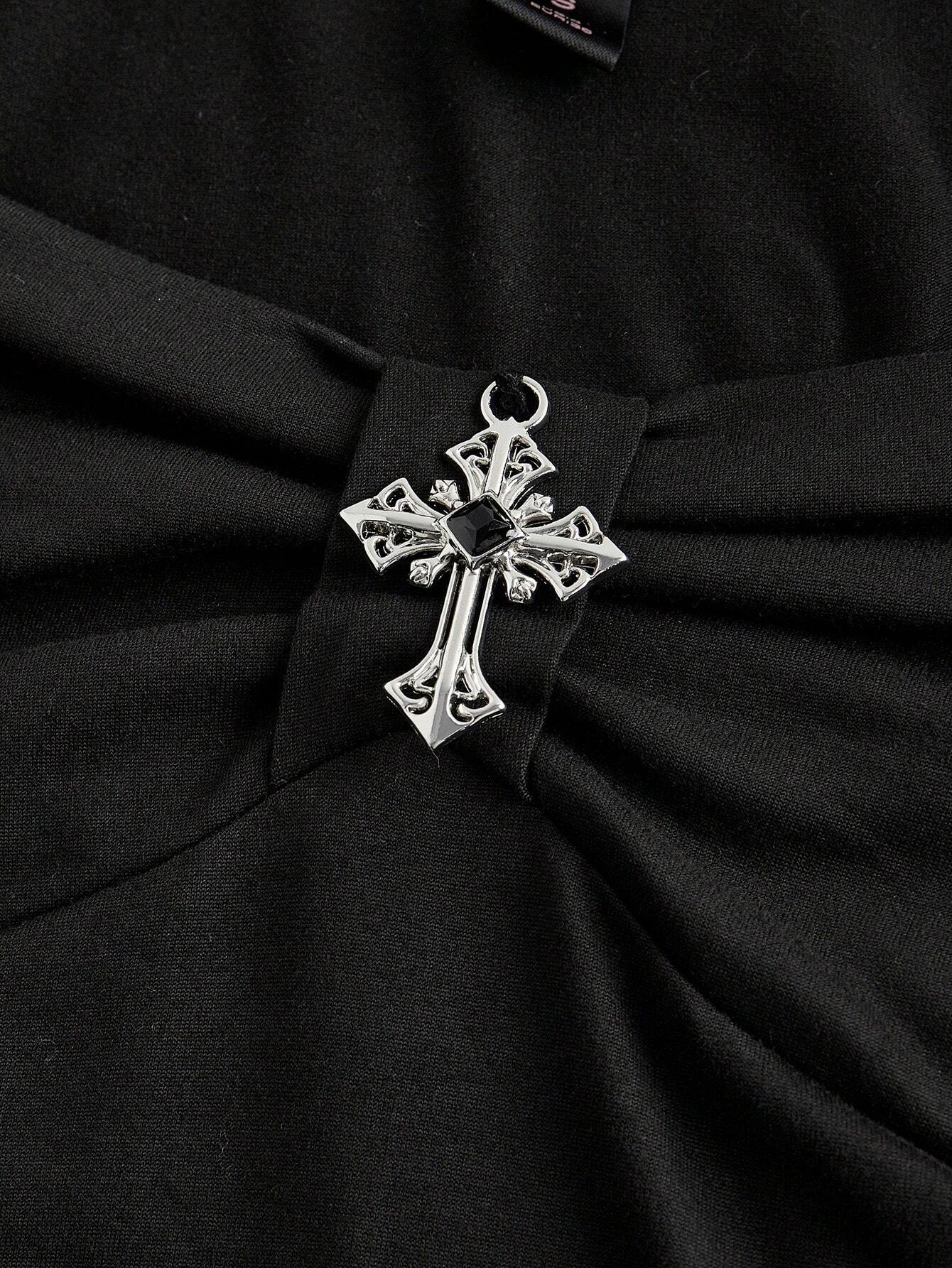 ROMWE Goth Sexy Square Neck Casual Versatile Black Elastic Cross Pendant 2 In 1 Plus Size T-Shirt