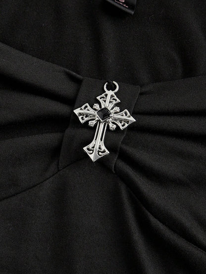 ROMWE Goth Sexy Square Neck Casual Versatile Black Elastic Cross Pendant 2 In 1 Plus Size T-Shirt