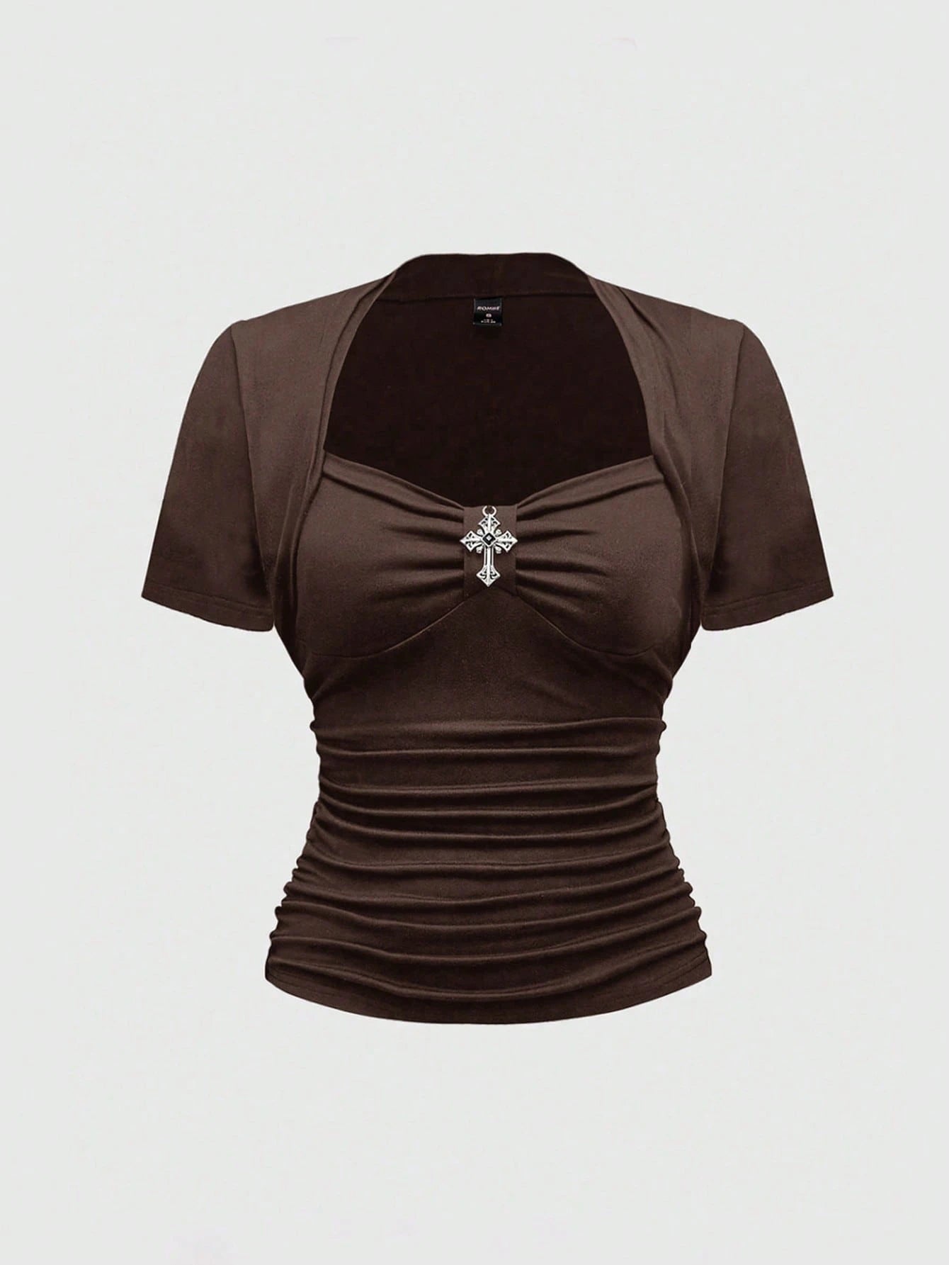 ROMWE Goth Sexy Square Neck Casual Versatile Black Elastic Cross Pendant 2 In 1 Plus Size T-Shirt