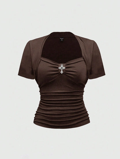 ROMWE Goth Sexy Square Neck Casual Versatile Black Elastic Cross Pendant 2 In 1 Plus Size T-Shirt