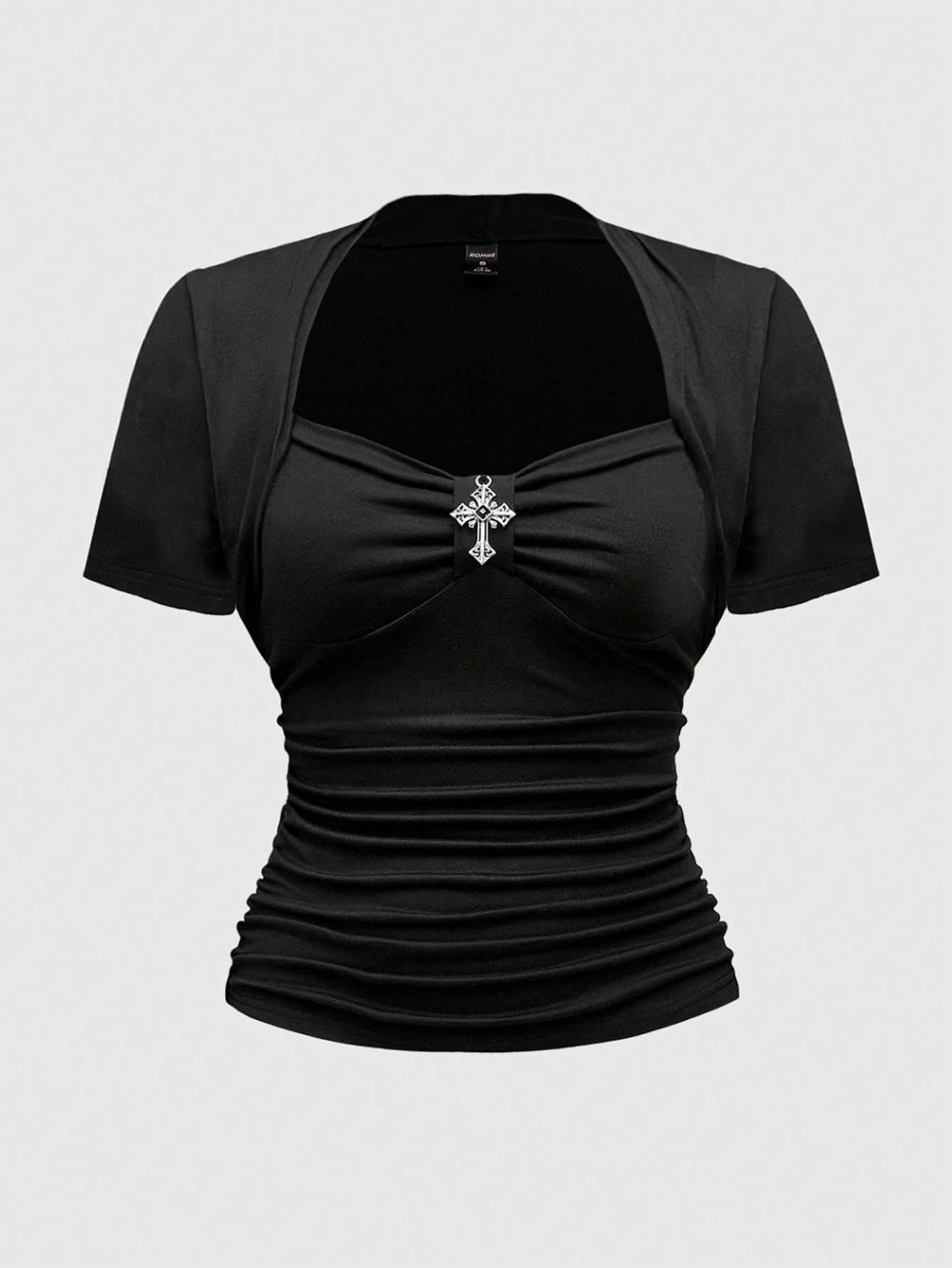 ROMWE Goth Sexy Square Neck Casual Versatile Black Elastic Cross Pendant 2 In 1 Plus Size T-Shirt