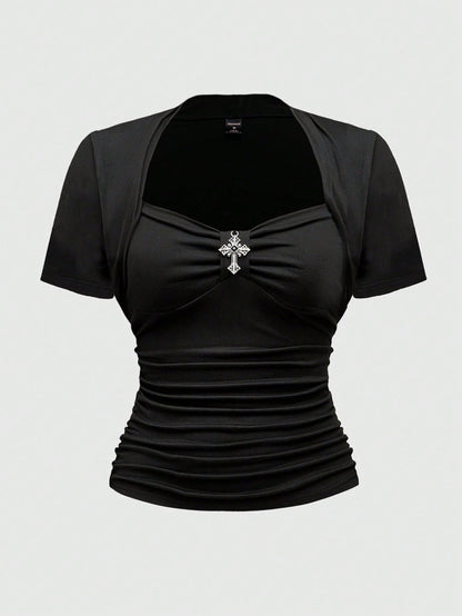ROMWE Goth Sexy Square Neck Casual Versatile Black Elastic Cross Pendant 2 In 1 Plus Size T-Shirt