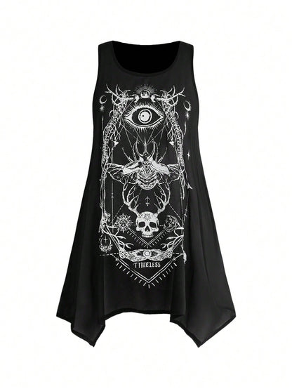 ROMWE Goth Women's Dark Skull Insect Skeleton Astrolabe A-Line Loose Plus Size Tank Top