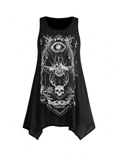 ROMWE Goth Women's Dark Skull Insect Skeleton Astrolabe A-Line Loose Plus Size Tank Top
