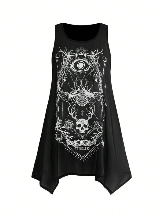 ROMWE Goth Women's Dark Skull Insect Skeleton Astrolabe A-Line Loose Plus Size Tank Top