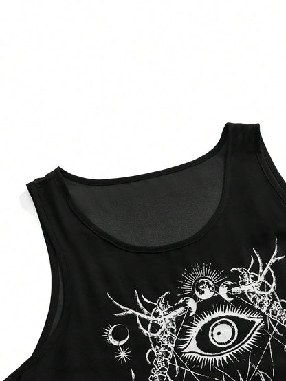 ROMWE Goth Women's Dark Skull Insect Skeleton Astrolabe A-Line Loose Plus Size Tank Top