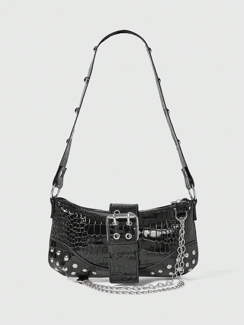 ROMWE Grunge Punk Fashionable & Versatile Chain Decor Shoulder Bag, Suitable For Women Commuting Daily Use