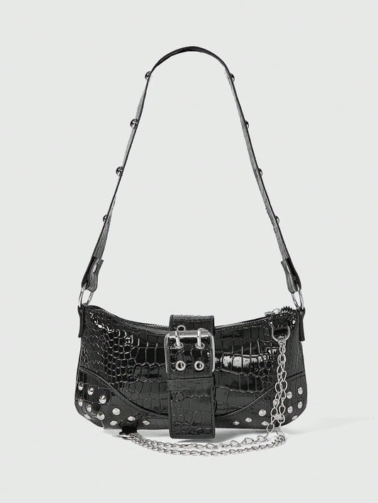 ROMWE Grunge Punk Fashionable & Versatile Chain Decor Shoulder Bag, Suitable For Women Commuting Daily Use
