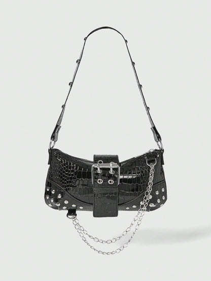 ROMWE Grunge Punk Fashionable & Versatile Chain Decor Shoulder Bag, Suitable For Women Commuting Daily Use