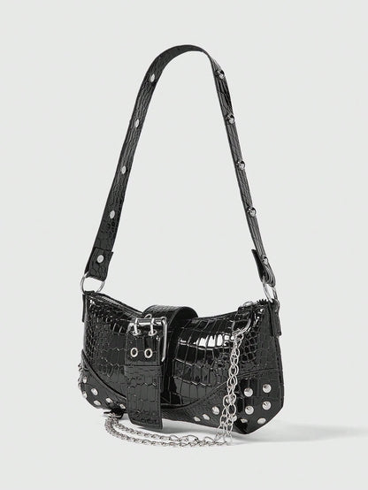 ROMWE Grunge Punk Fashionable & Versatile Chain Decor Shoulder Bag, Suitable For Women Commuting Daily Use