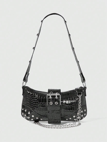 ROMWE Grunge Punk Fashionable & Versatile Chain Decor Shoulder Bag, Suitable For Women Commuting Daily Use